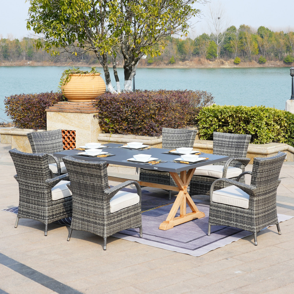 7 Piece Patio Wicker Dining Set With Powder Coated Aluminum Table   Tropical   Outdoor Dining Sets   by Abrihome  Houzz