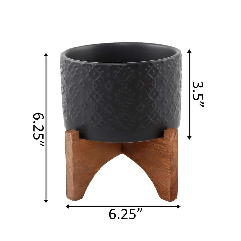 Flora Bunda 5 in. Matte Black Indian Ceramic Planter on Wood Stand Mid-Century Planter CT902E-MTBK