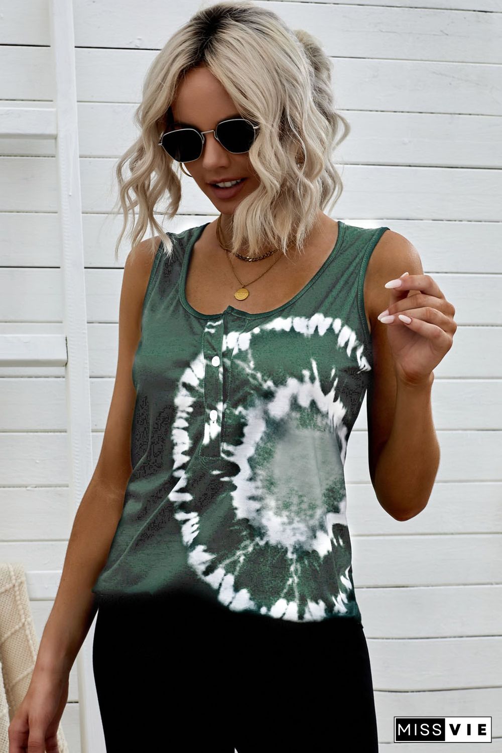 Dark Green Tie-dye Print Tank Top