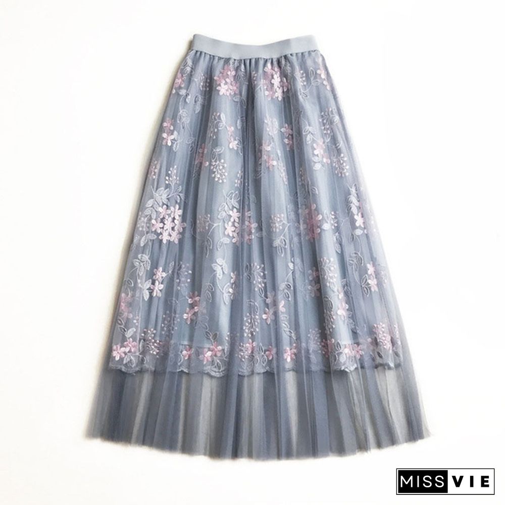 Summer Korean Skirt Heavy Work Embroidered High Waist A Word Long Skirt Fairy Mesh Skirt