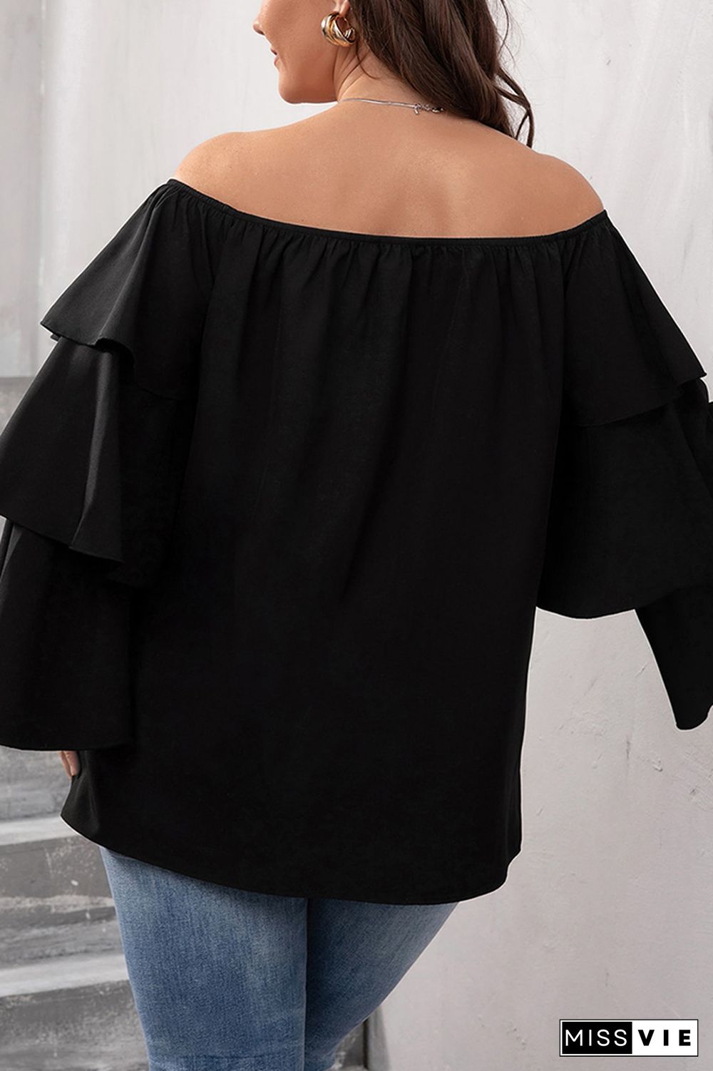 Black Off Shoulder Tiered Sleeves Plus Size Top