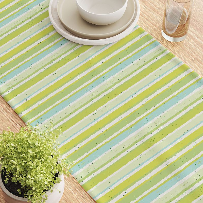 Table Runner， 100% Cotton， 16x108， Green Stripes and Ink Splatter