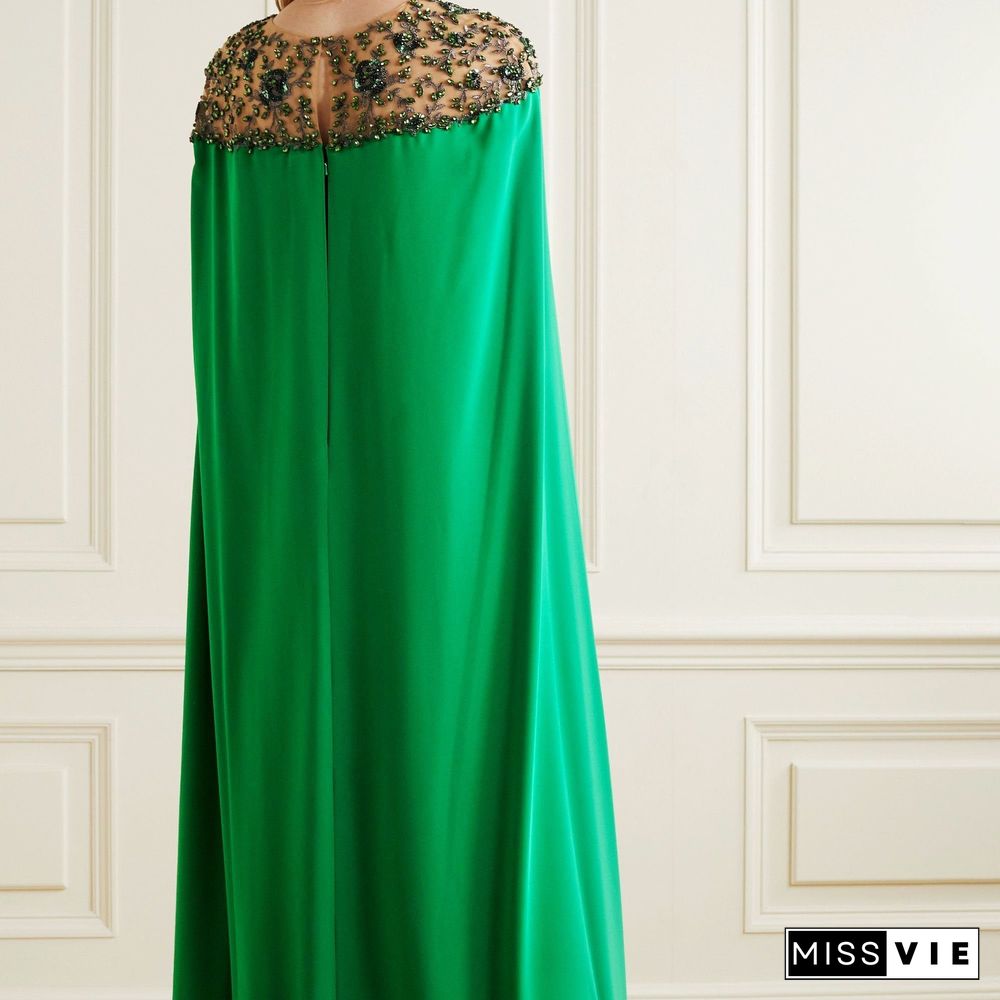 Women Embroidery Mesh Shoulder Green Formal Dress