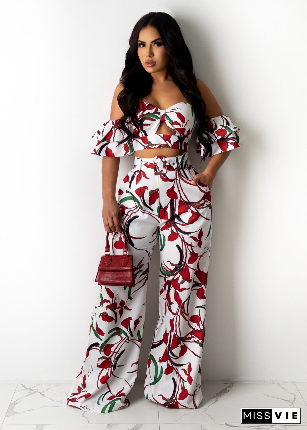 Casual Floral Printed Off Shoulder Short Sleeve Crop Tops Long Pants Street Wear Summer Two Piece Set