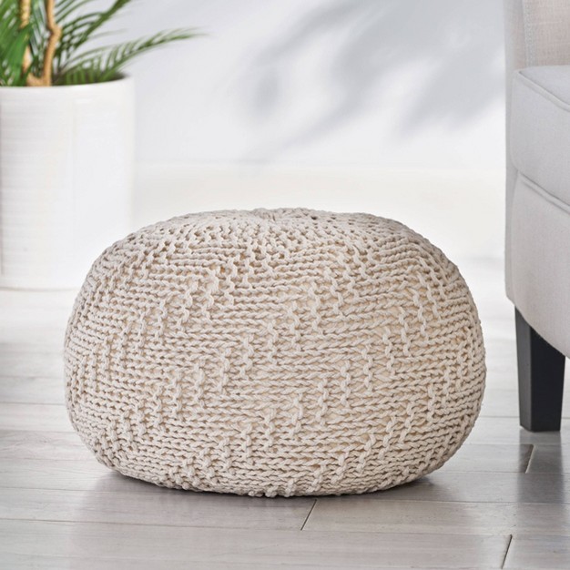 Barwick Modern Knitted Round Pouf Ivory Christopher Knight Home