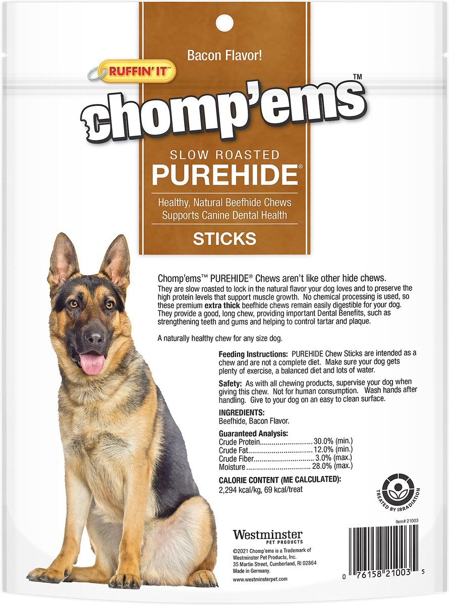 RUFFIN' IT Chomp'Ems Purehide Sticks Dog Treats， 8.5-oz bag