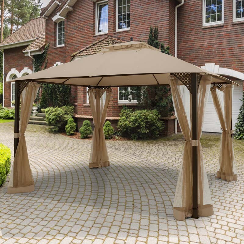 12 x 10 FT Patio Metal Gazebo with Netting & 2 Tier Roof, Heavy Duty Outdoor Canopy Gazebo Tent for Party