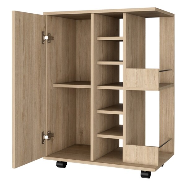 28 Inch Modern Bar Cabinet， 6 Compartments， Laminate Finish， Oak Brown - 15L x 24W x 28H， in inches