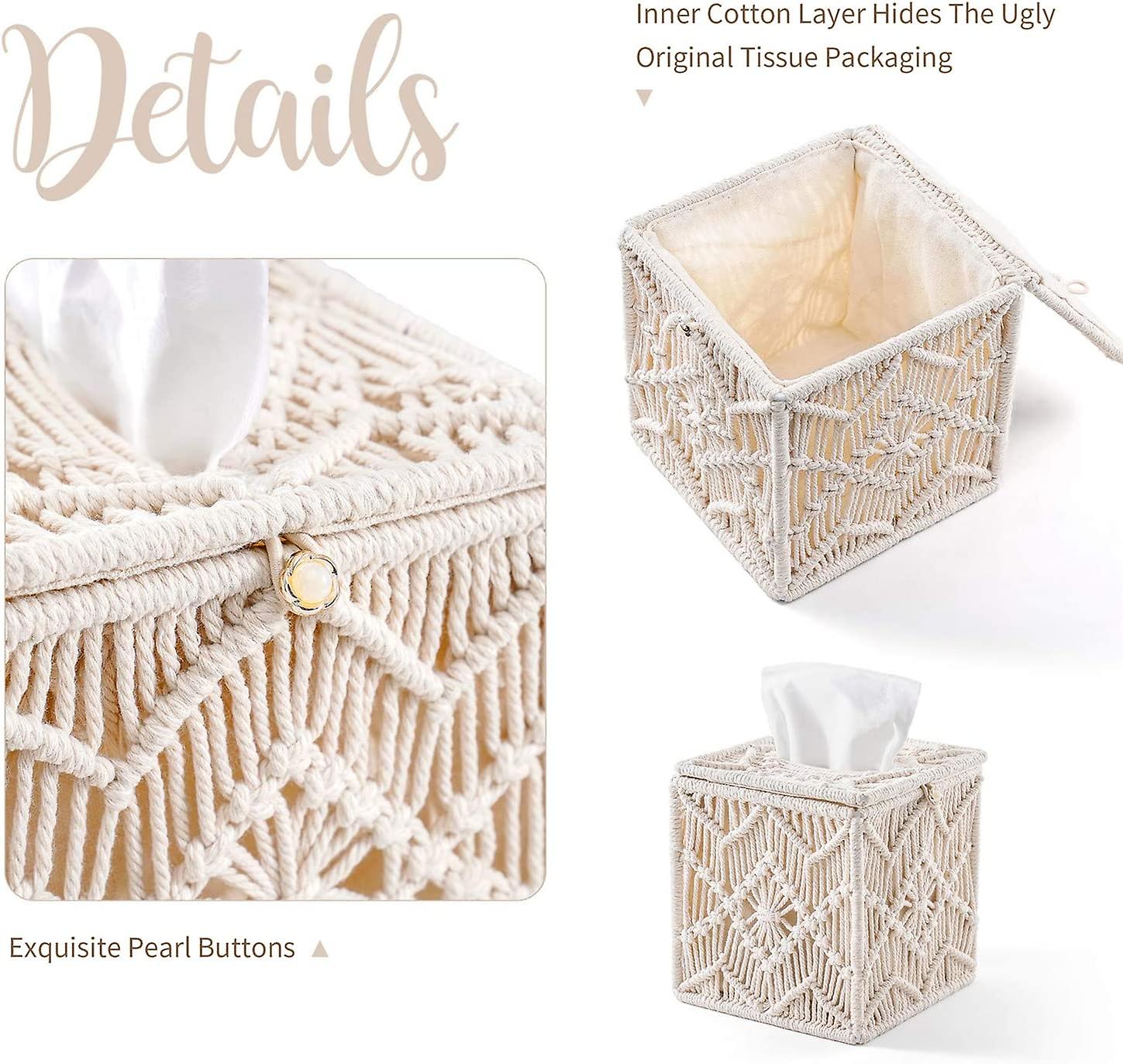 Tissue Box Cover Boho Decor Square Paper Tissue Holder With Bead Buckle Macrame Napkin Tissues Organizer Home Decor For Bathroom Bedroom Dresser Livin