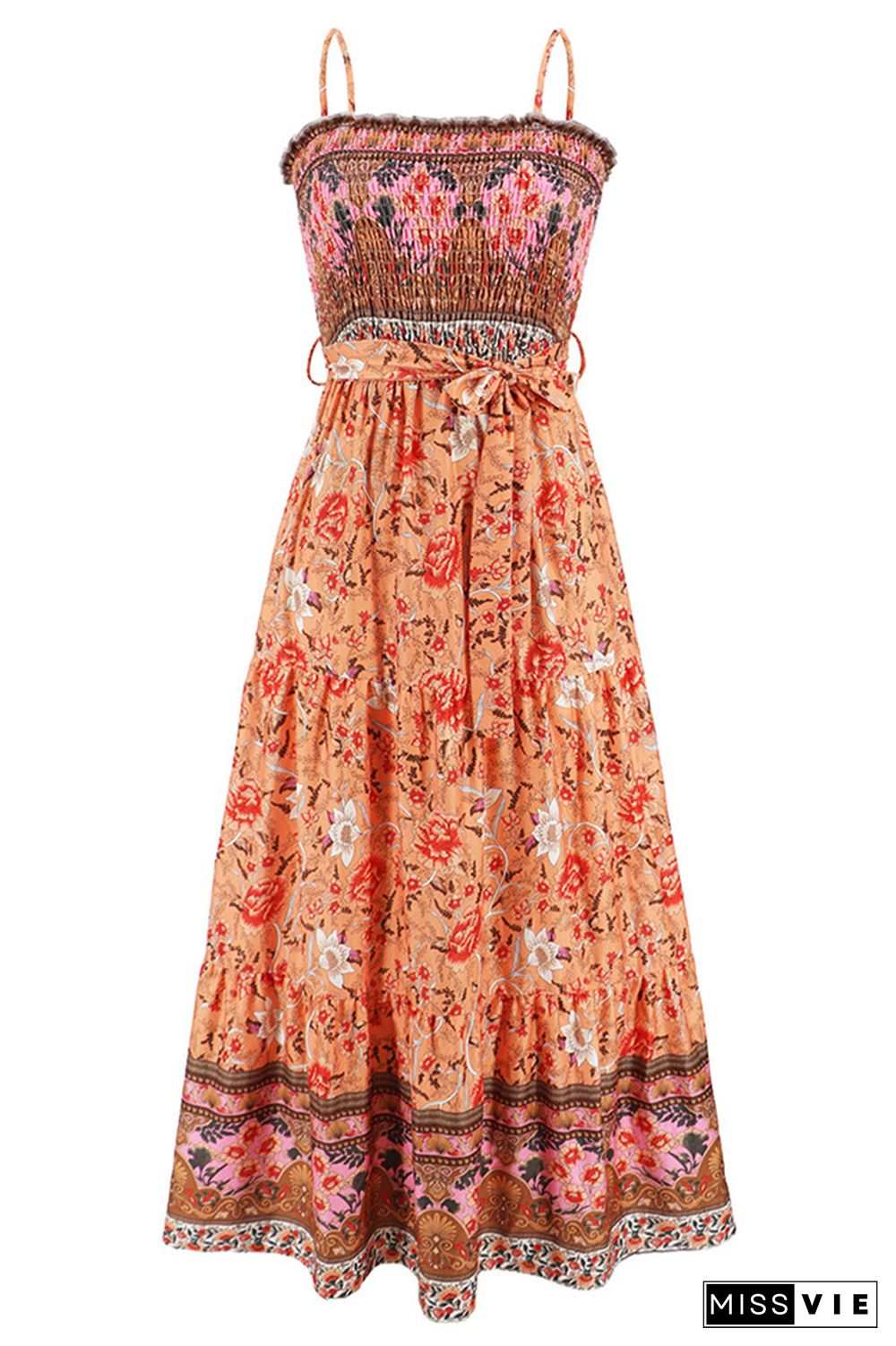 Boho Floral Print Smocked Bandeau Spaghetti Strap Maxi Dress