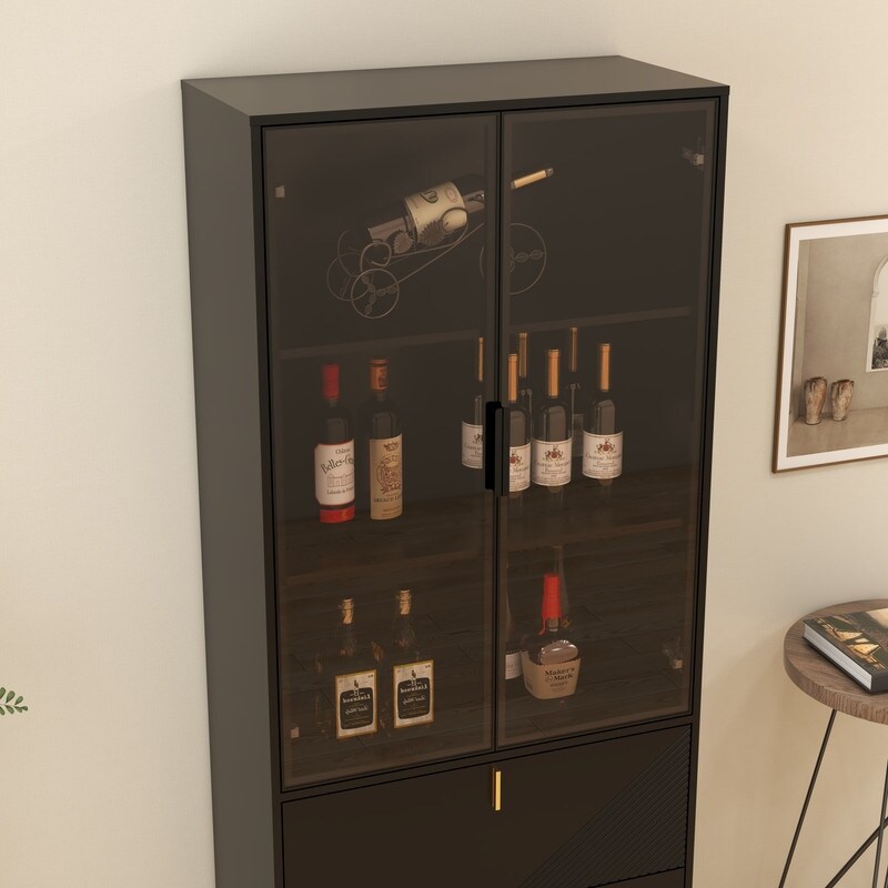 Wine Cabinet with Drawers and Doors  Black Gold High Wine Rack