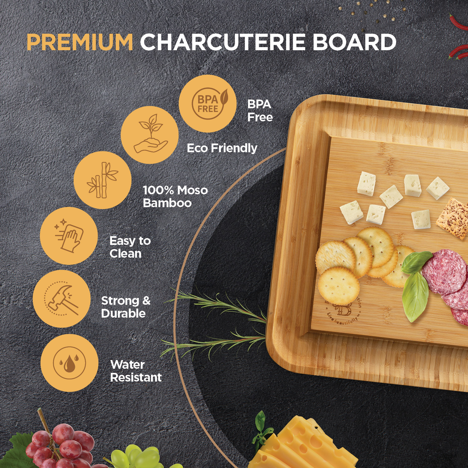 Bamboo Cheese Board with Cutlery Set，， Includes 4 Stainless Steel Serving Utensils， 3 Labels and 2 Chalk Markers