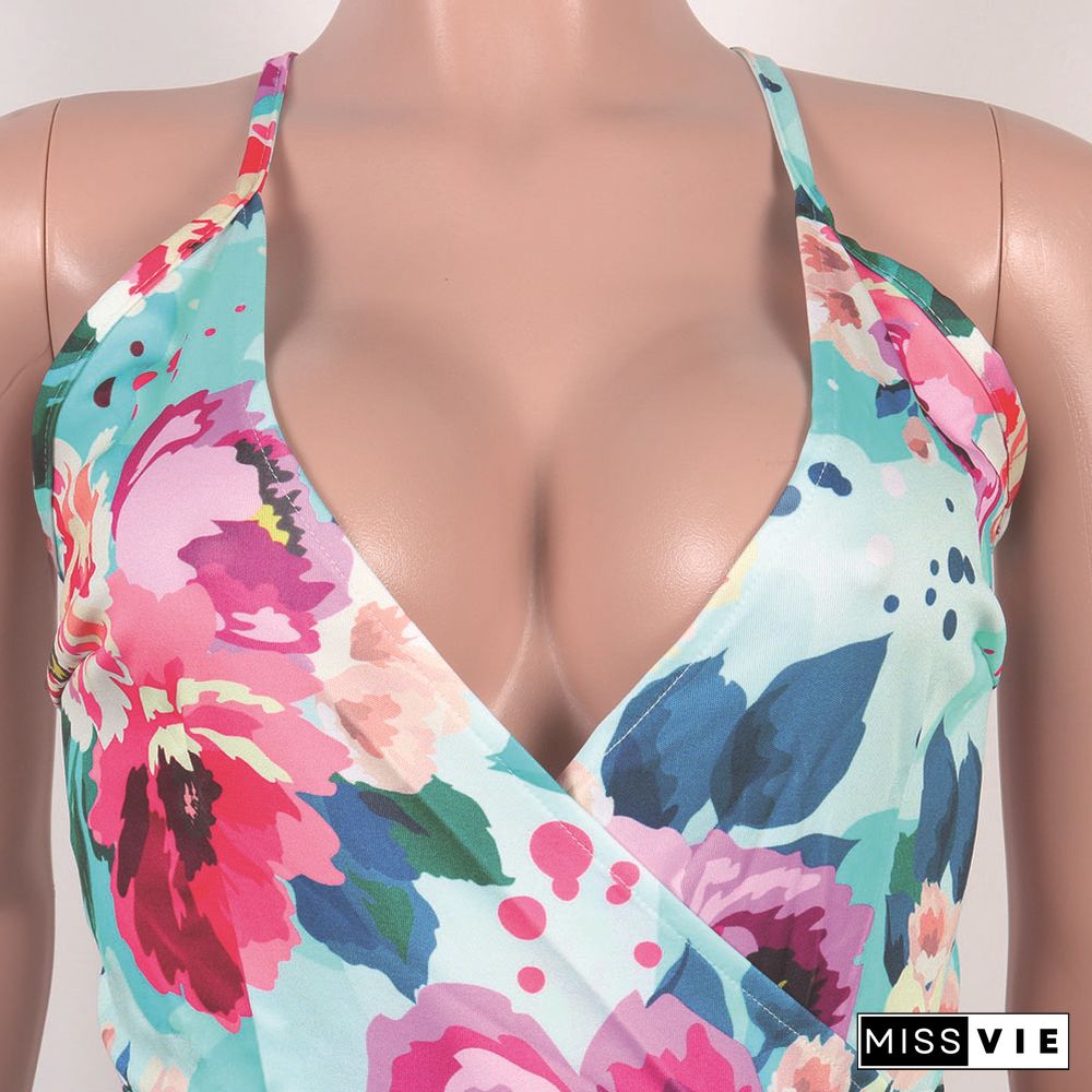 Women Holiday Floral Print V Neck Sleeveless Summer Bandage Beach Halter Neck Skinny Rompers