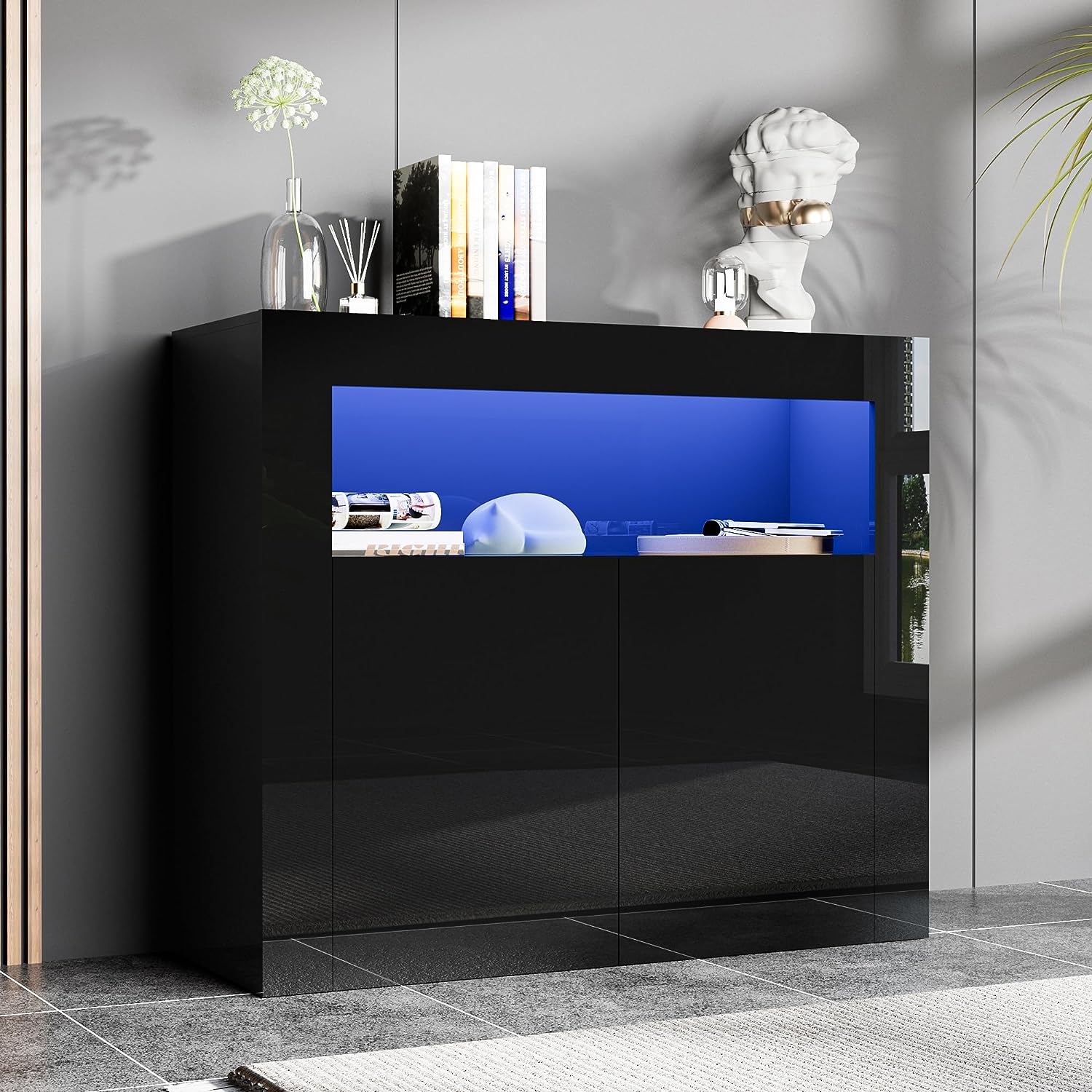 High Glossy Buffet Cabinet Sideboard Storage Cabinet Bar Cabinet with LED Lights Adjustable Shelf and 2 Doors