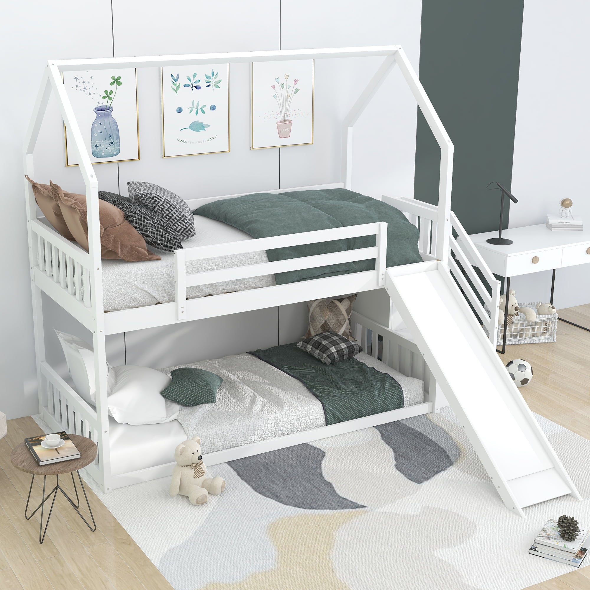 EUROCO Twin over Twin House Bunk Bed with Staircase for Kids for Bedroom, White