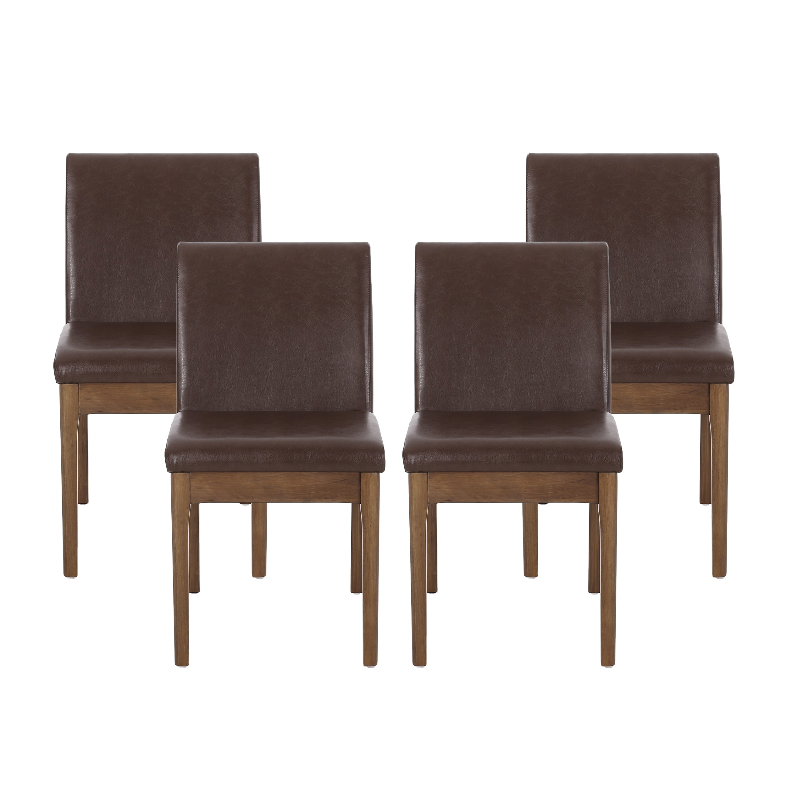 Hampton Mid Century Modern Upholstered Dining Chairs, Set of 4, Dark Brown Faux Leather and Walnut