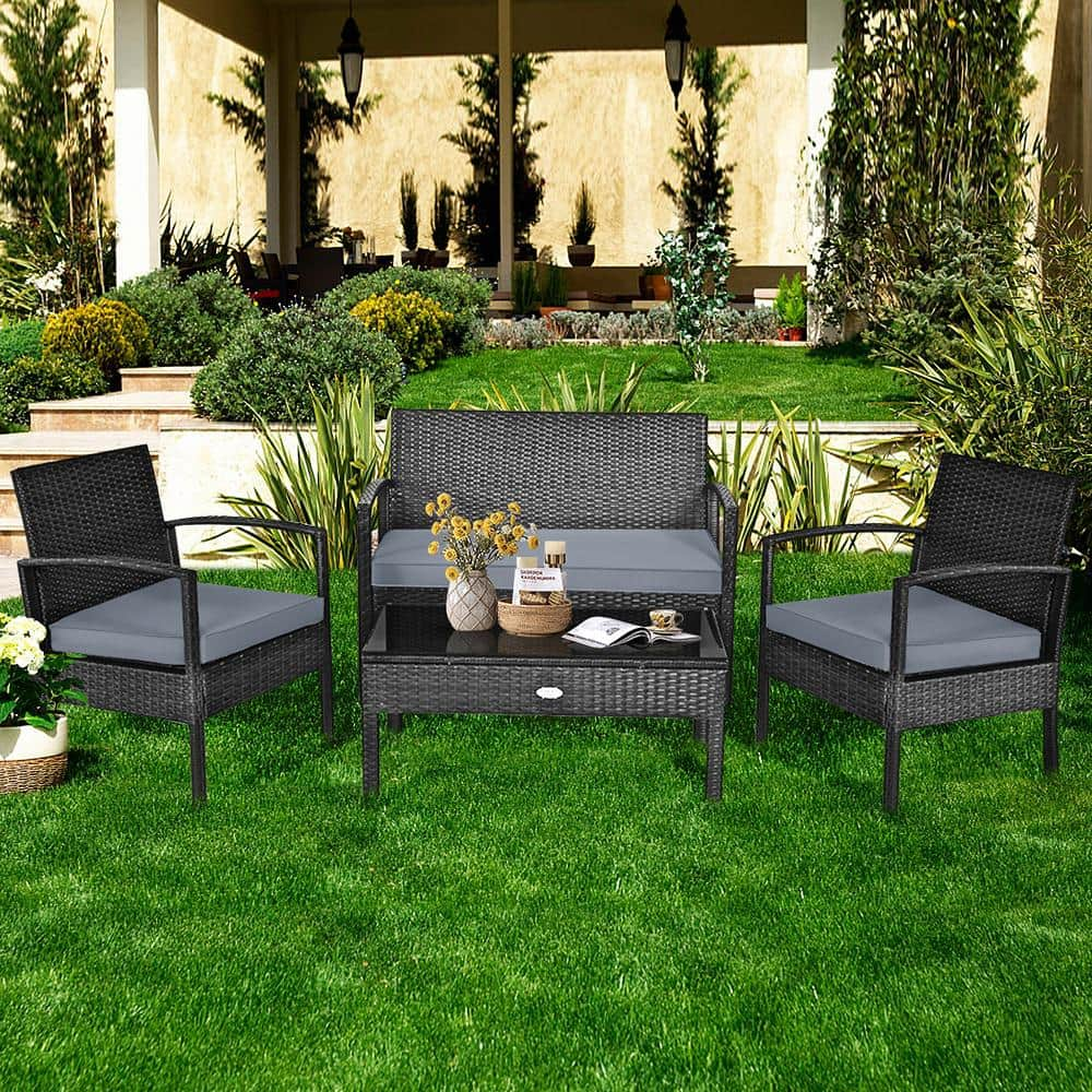 Gymax 8-Pieces Rattan Wicker Patio Garden Furniture Set Black Rattan with Gray Cushion GYM05022