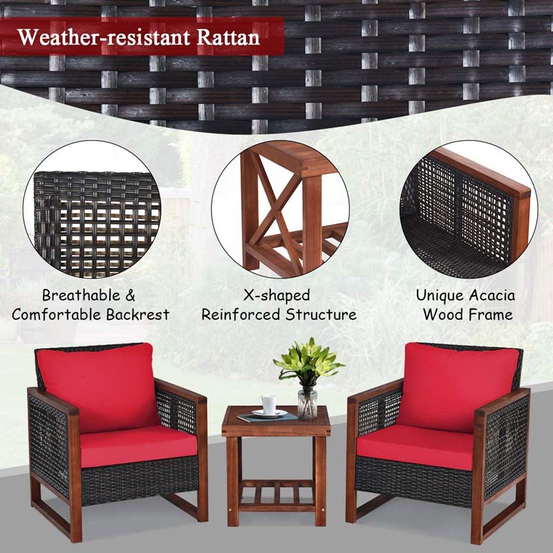 3 Pcs Rattan Patio Furniture Sofa Set Outdoor Conversation Bistro Set with Acacia Wooden Frame & Cushions