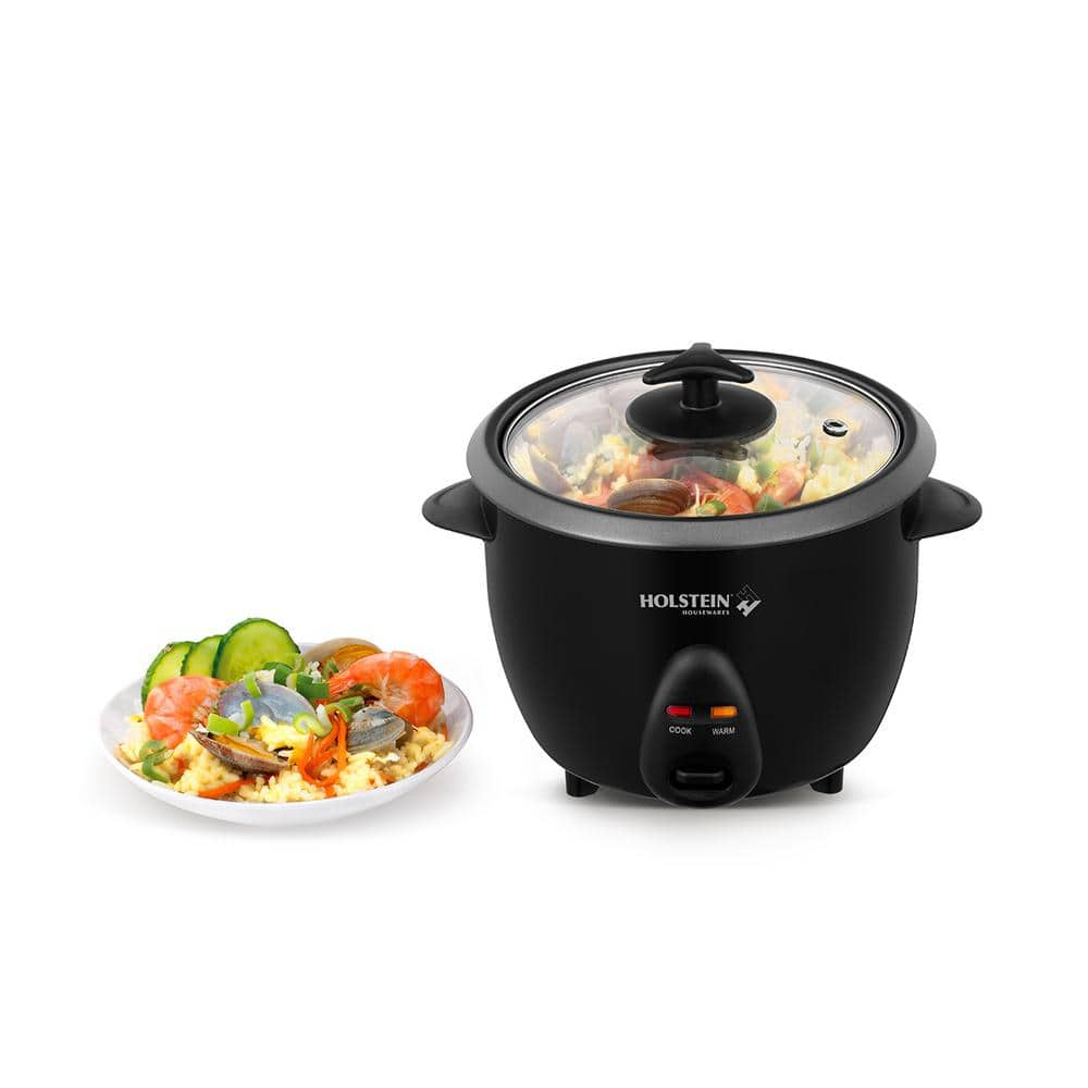 HOLSTEIN HOUSEWARES 5-Cup Black Rice Cooker with Non-Stick Inner Pot, Glass Lid, Measuring Cup, Rice Scoop, Automatic Warm and Cook Function HH-09171005B