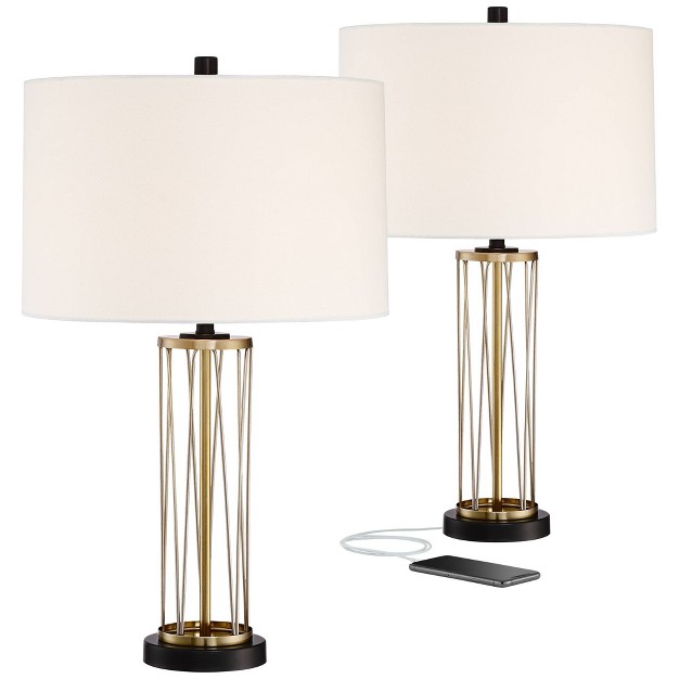 High Set Of 2 Gold Metal With Usb Charging Ports Off White Drum Shade For Bedroom Living Room Home Desk