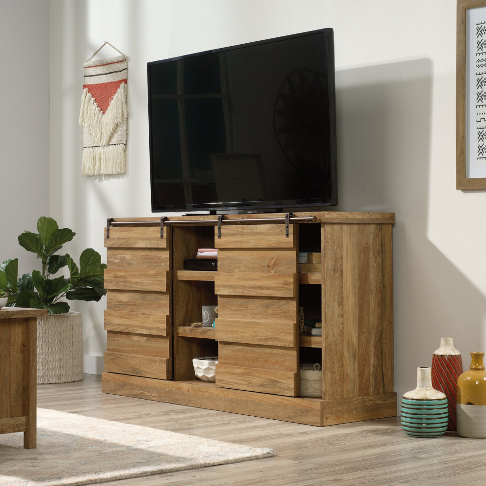 Rustic TV Stand  Channel Accented Sliding Doors With Black Track  Sindoori Mango   Rustic   Entertainment Centers And Tv Stands   by Declusia  Houzz