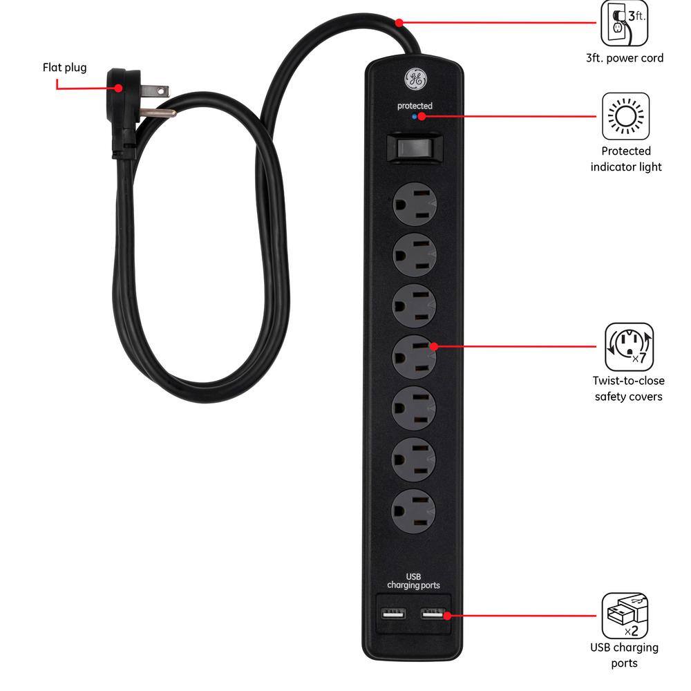 GE 7-Outlet 2-USB Pro Surge Protector 33664