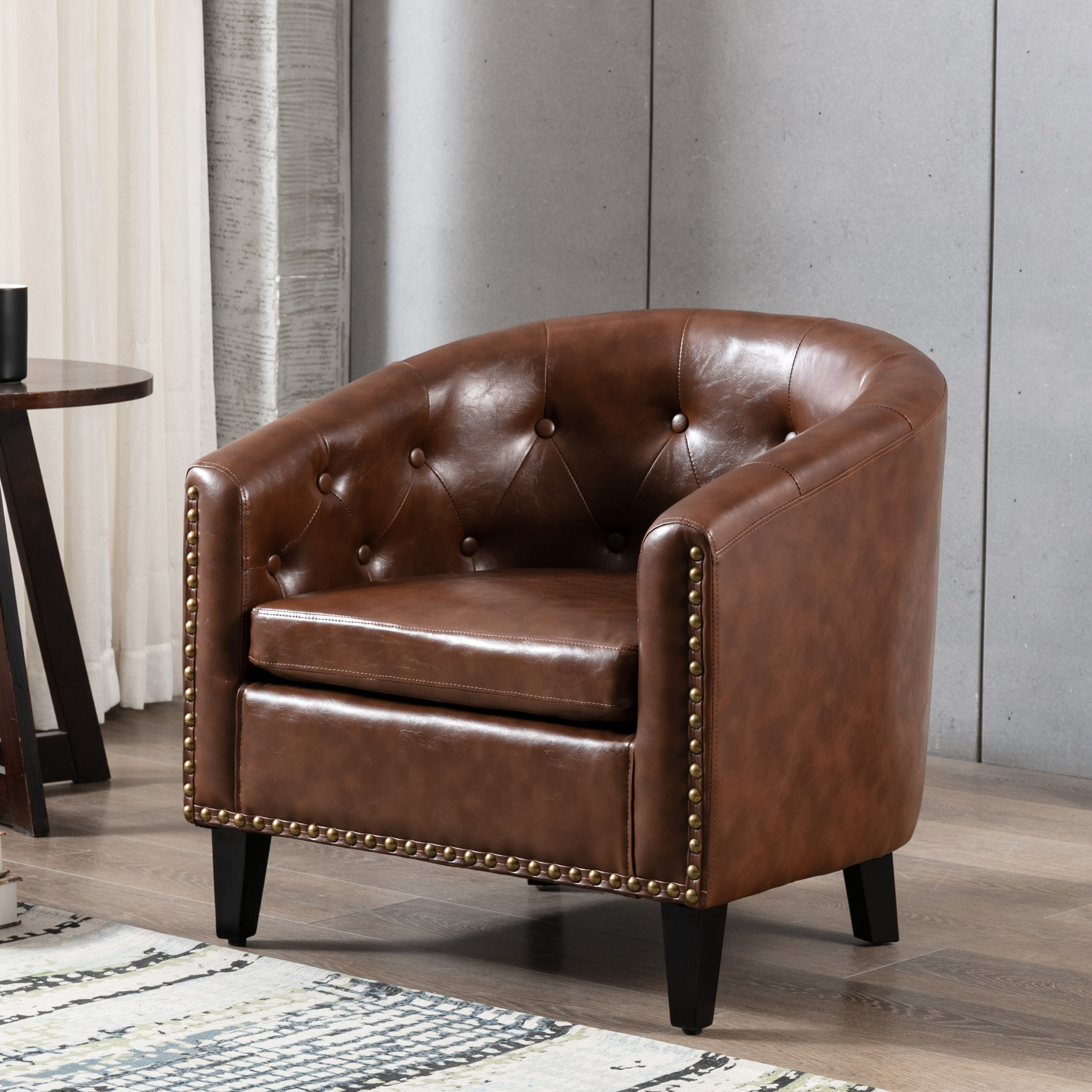 Modern PU Leather Accent Chairs Tufted Barrel Chair Tub Chair Club Chair Armchair， High Backrest Padded Armrest， Dark Brown