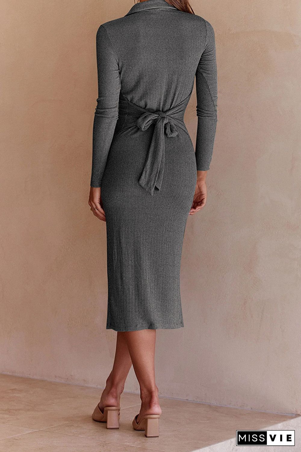 Button Down Split Knit Long Sleeves Midi Dress