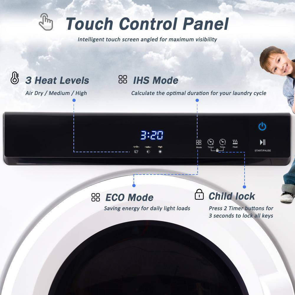 Flynama 3.23 cu. ft. 120-Volt Portable Clothes Electric Dryer with Touch Screen Panel in White D0102HA9GIG-E