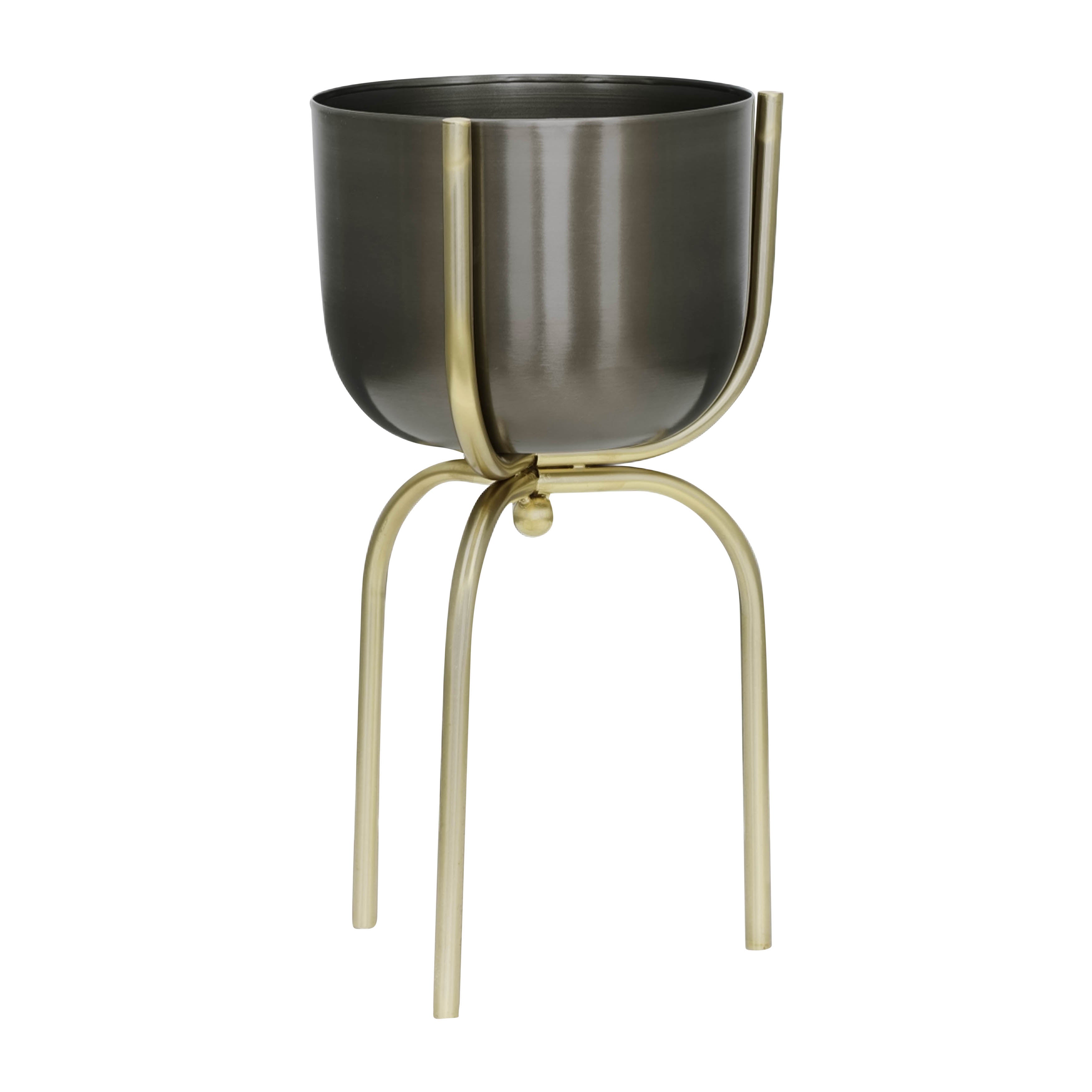 Sagebrook Home Metal 20" Planter On Tripod, Gunmetal/Gold, Round, Metal, Glam, 20"H, Solid Color