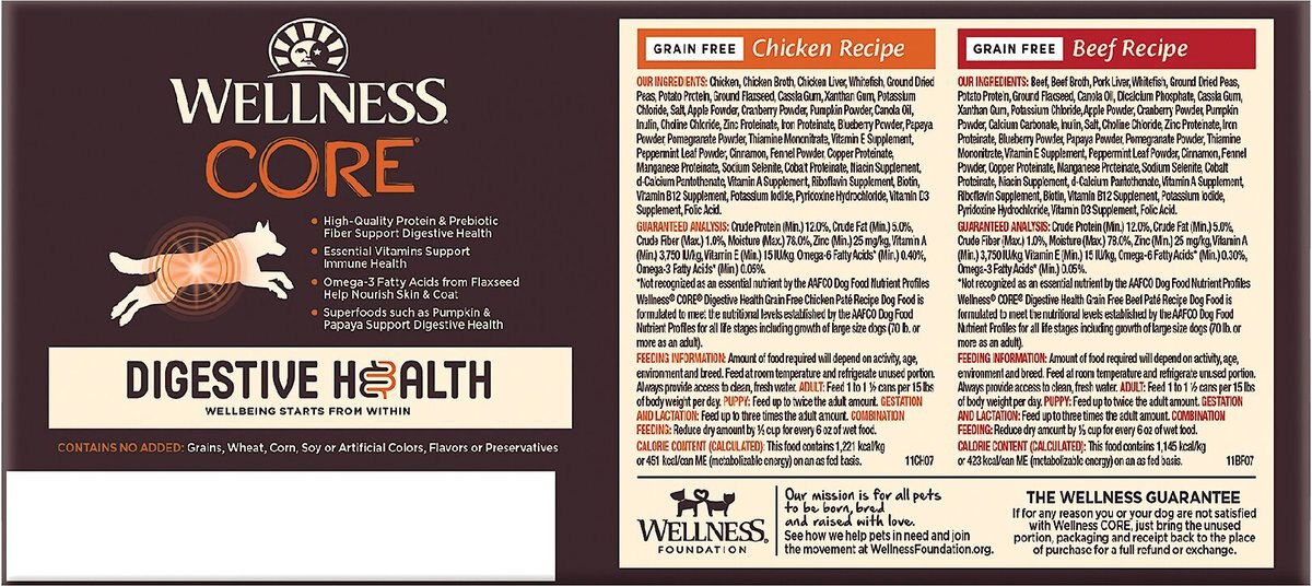 Wellness CORE Digestive Health Chicken and Beef Recipe Variety Pack Grain-Free Wet Dog Food， 13-oz， case of 6