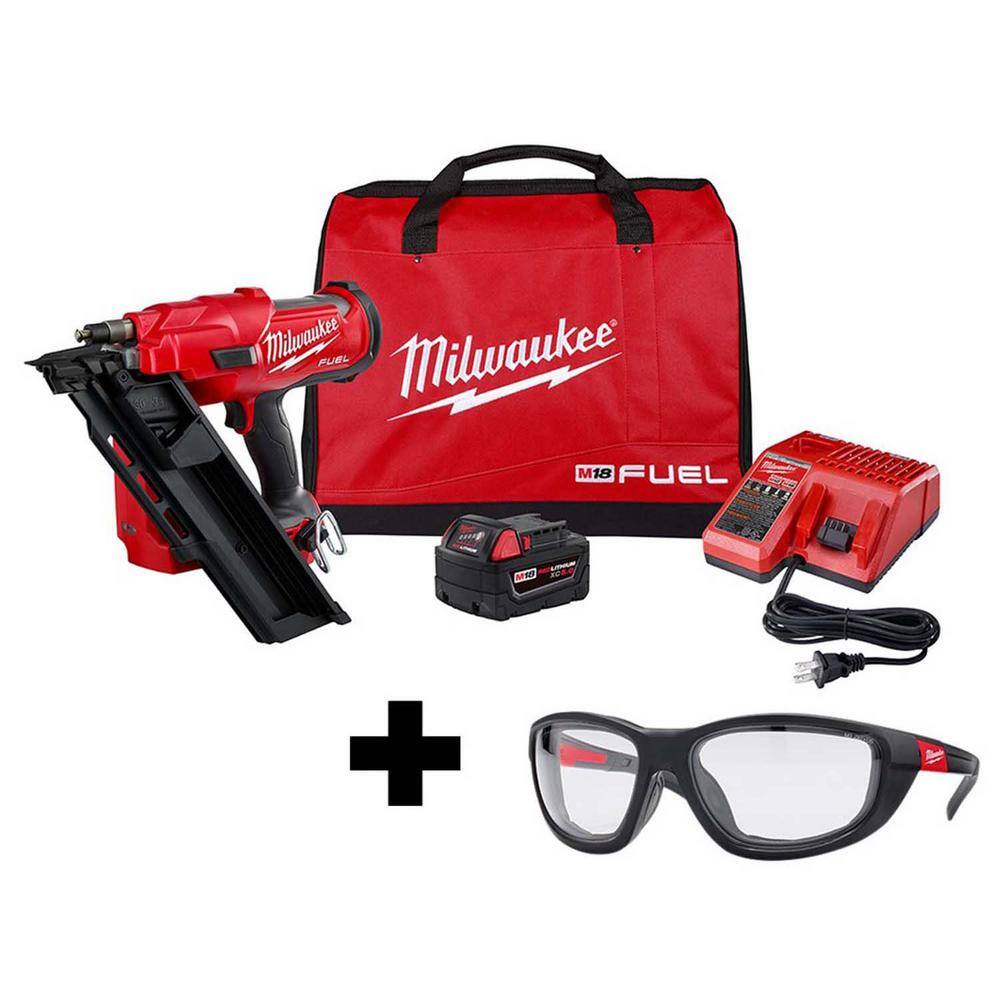 MW M18 FUEL 3-12 in. 18-Volt 30-Degree Lithium-Ion Brushless Framing Nailer Kit and Performance Safety Glasses with Gasket 2745-21-48-73-2040