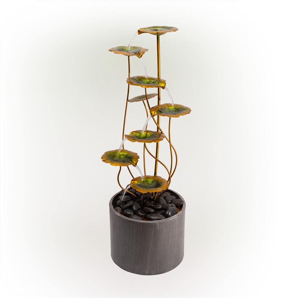 Alpine Corporation 31 in. Tall Indoor/Outdoor Multi-Tiered Lily Pads Metal Fountain with Stones CPS220