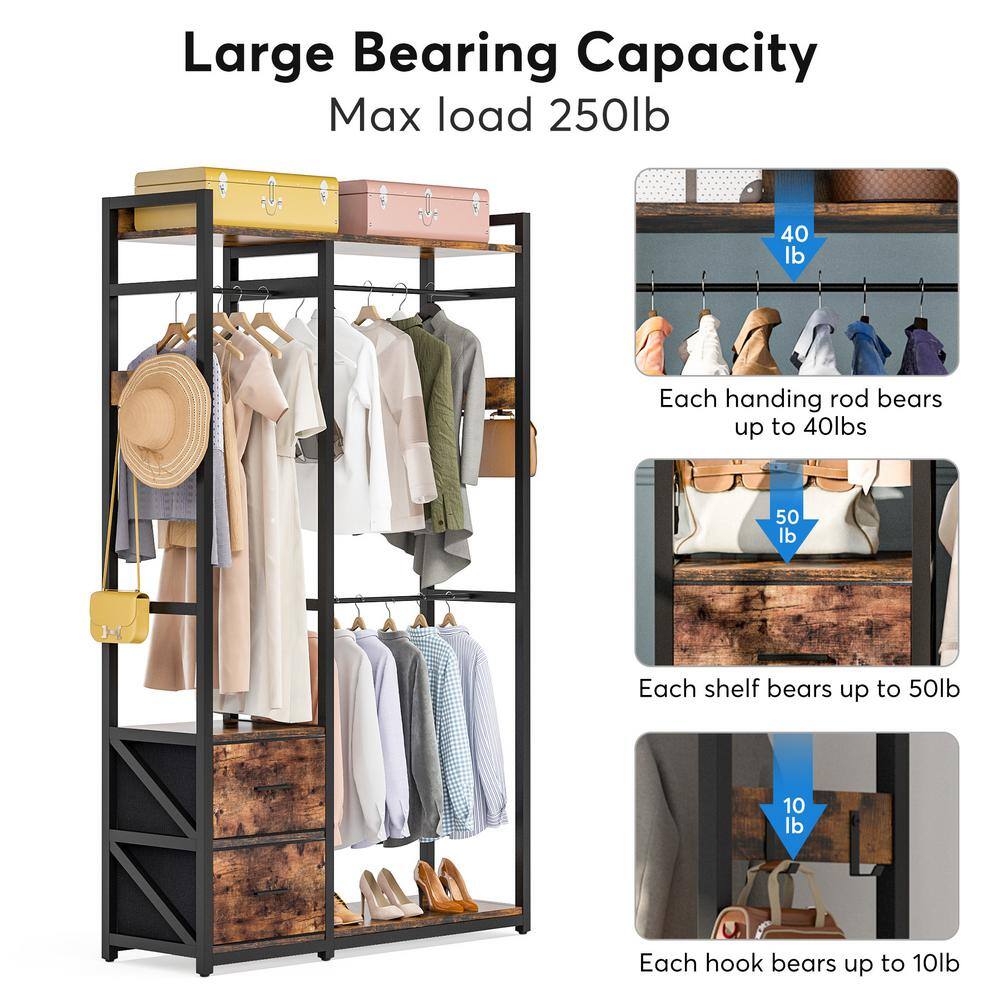 BYBLIGHT Carmalita Brown Garment Rack with 2 Fabric Drawers Freestanding Closet Organizer with Shelves and 3 Hanging Rods BB-C0621GX