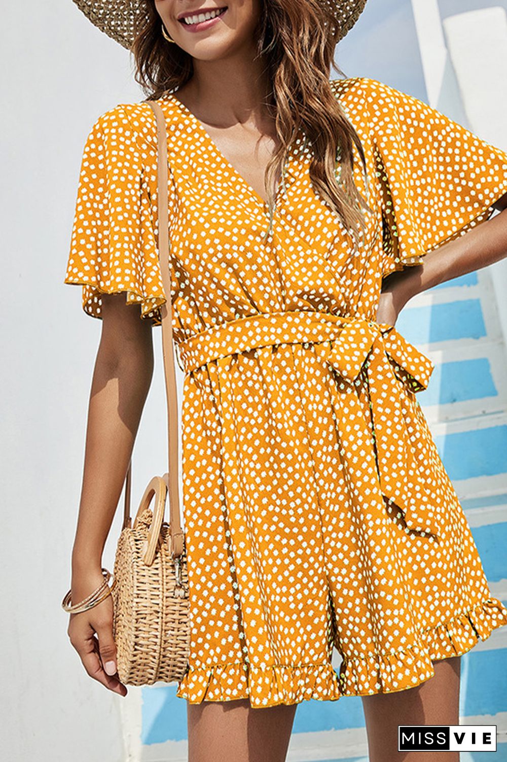 Polka Dot V Neck Waist Tie Ruffle Romper