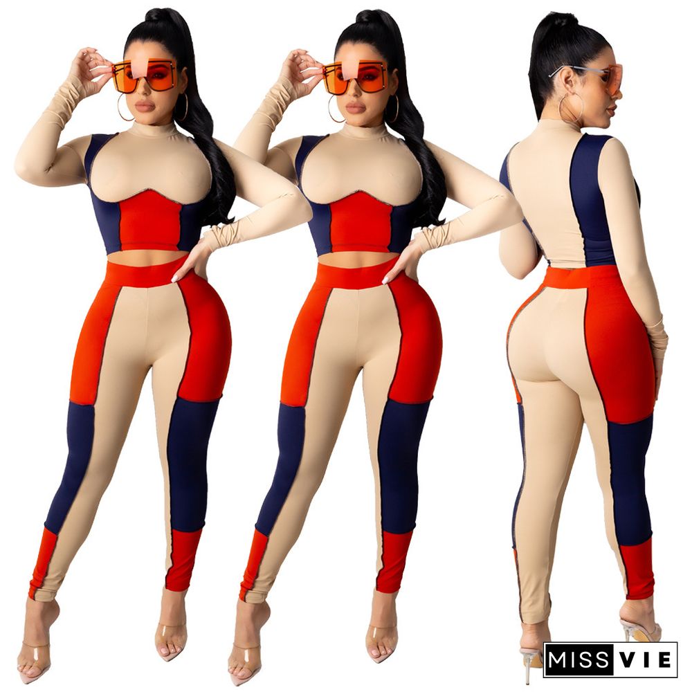 Color Block Stitching Long Sleeve Crop Top Bodycon Pants Outfit