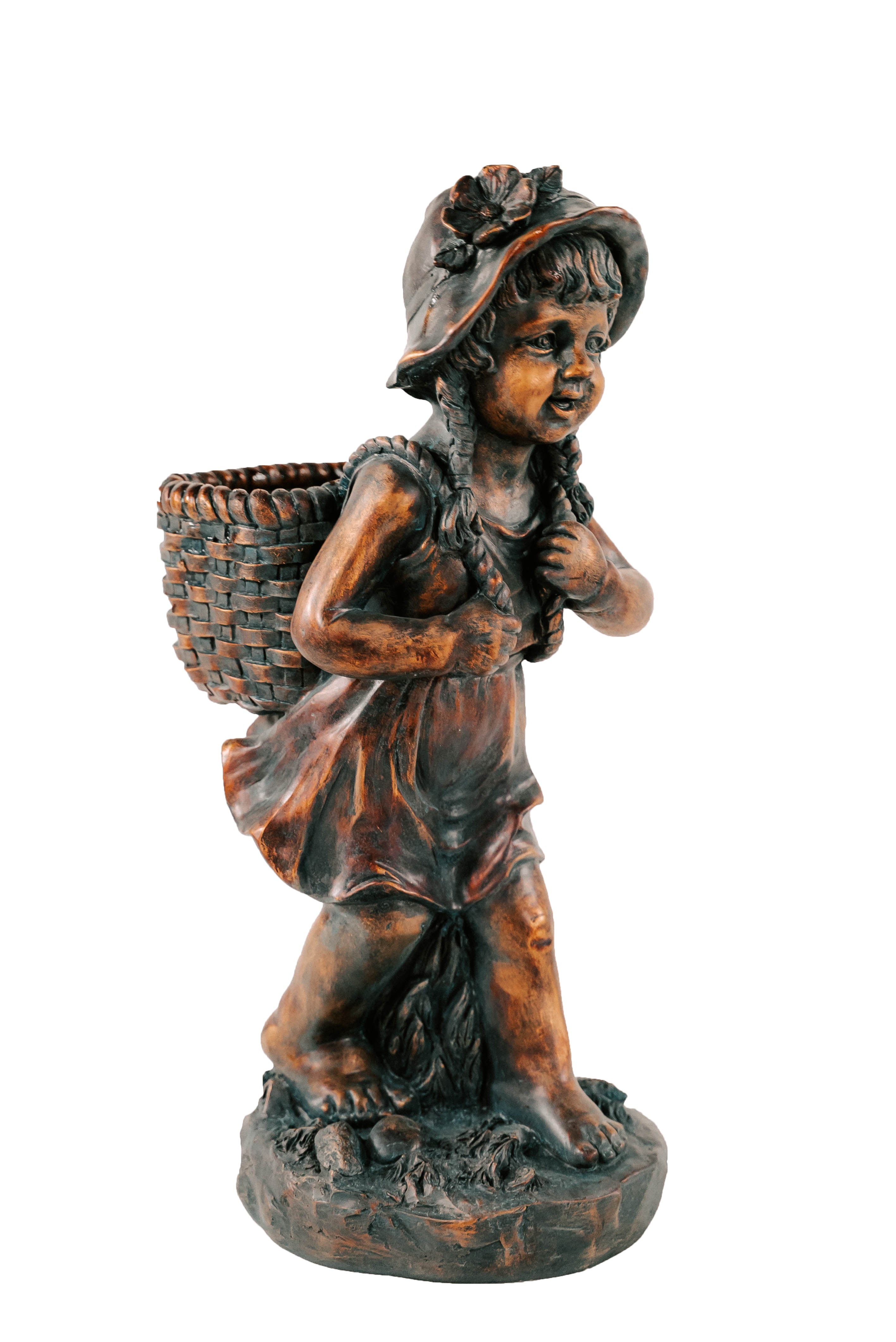 XBrand 24" H Faux Bronze Magnesium Oxide Walking Girl Garden Statue w/Small Flower Plant Pot, Outdoor Décor, Natural Design Sculpture