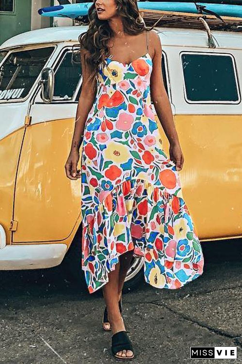 Floral Printed Backless Mid Calf Dress With Pocket