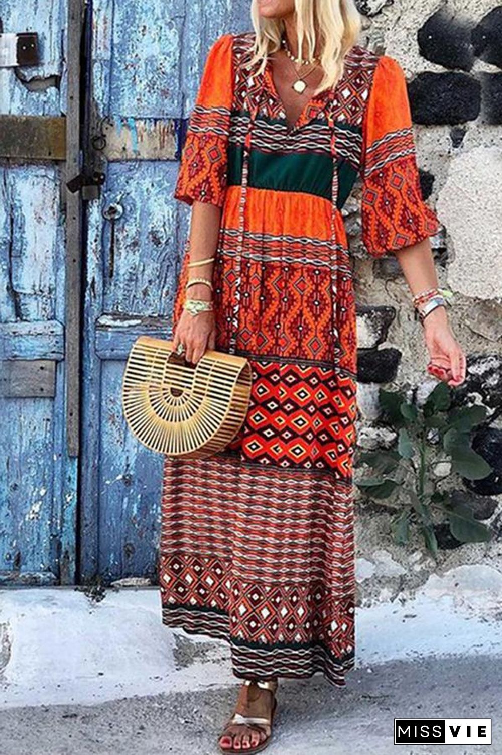 Fashion V-Neck Half-Sleeve Bohemian Print Maxi Dress P11751