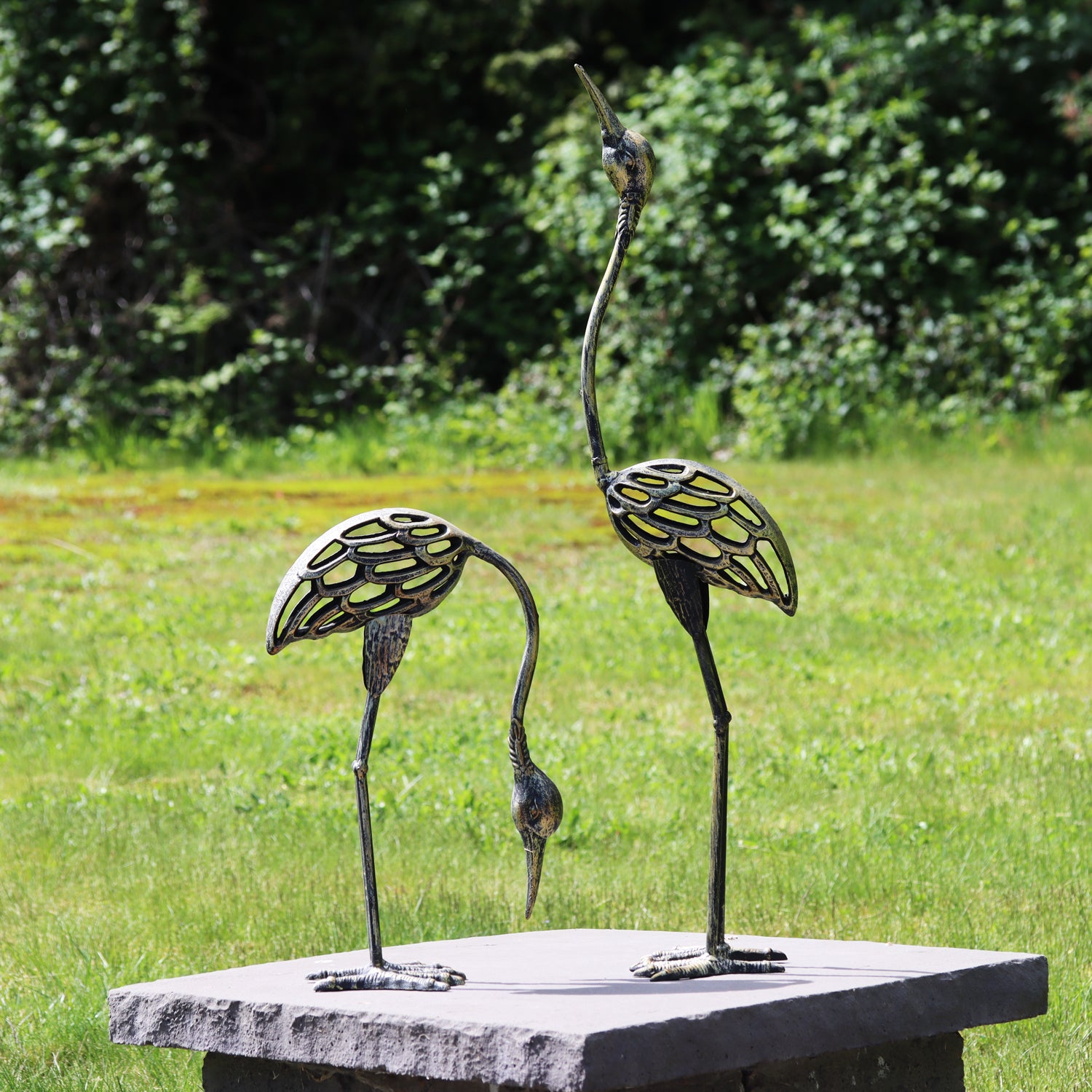 Cast Iron Garden Crane Bird Statues, Set of 2