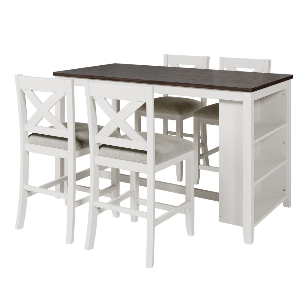 Farmhouse 5 Piece Counter Height Dining Set with Storage Shelf