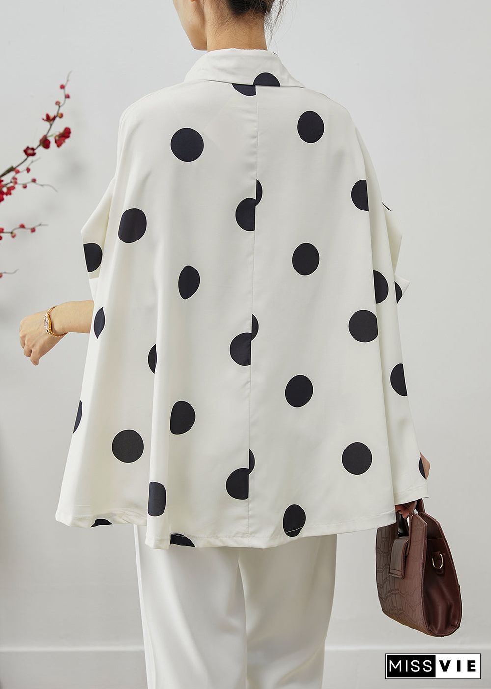 French White Oversized Print Spandex Shirt Top Batwing Sleeve