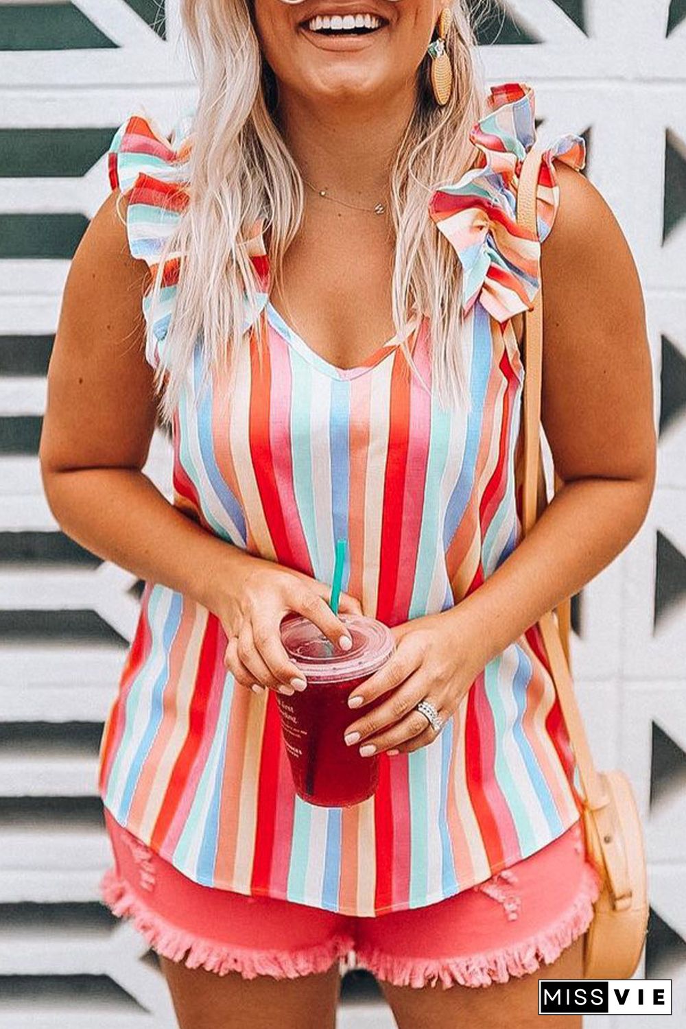 Multicolor Striped V Neck Ruffle Straps Tank Top