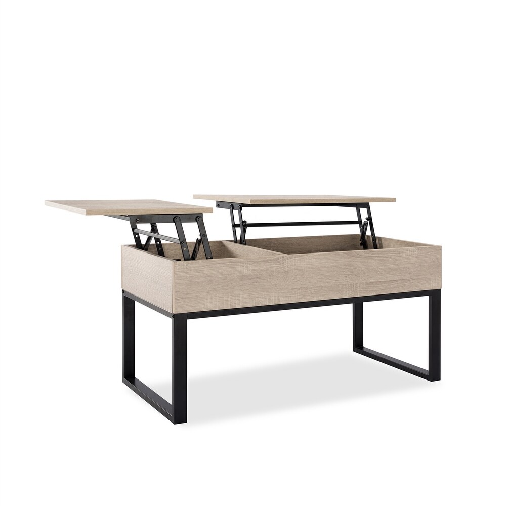 39.37 in. Oak Rectangle Wood Lift Top Extendable Coffee Table with Storage and Metal Frame