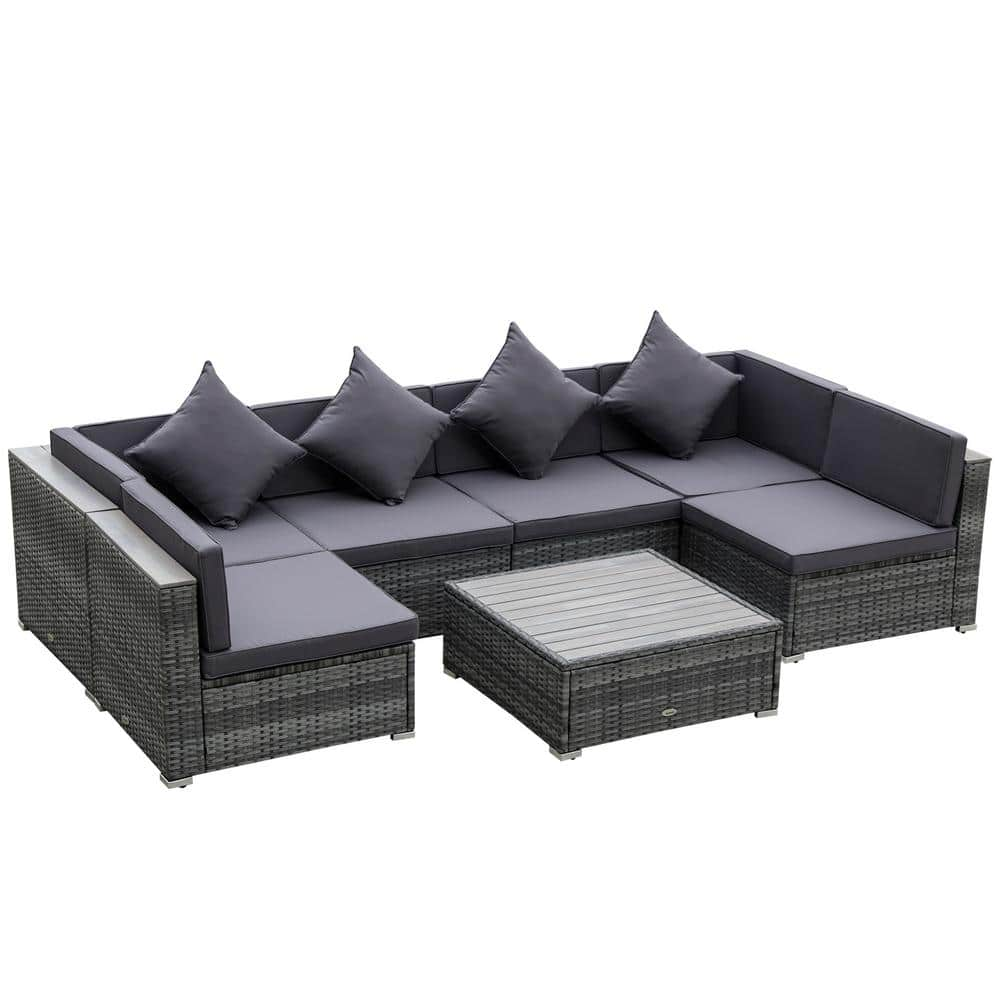 Outsunny 7-Piece Patio Furniture Sets PE Rattan Wicker Outdoor Sectional Sofa Set Conversation Set with Grey Cushion 860-212GY