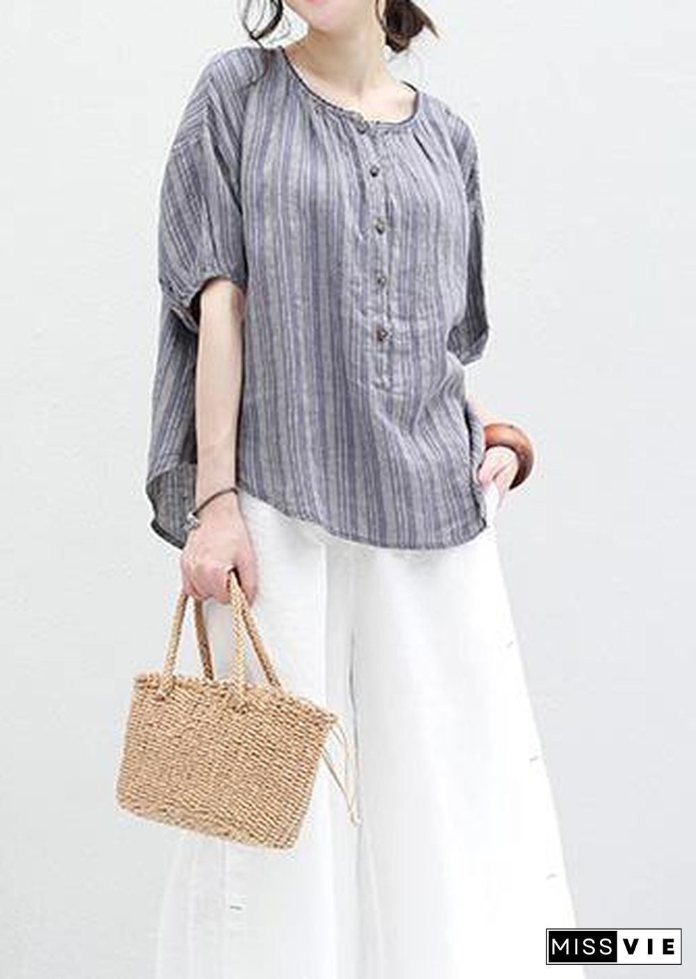 Organic blue striped linen box top o neck half sleeve oversized summer blouse