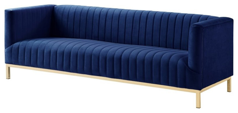 Posh Living Hayden Velvet Tuxedo Sofa with Y Metal Base in Navy Blue/Chrome   Contemporary   Sofas   by Homesquare  Houzz