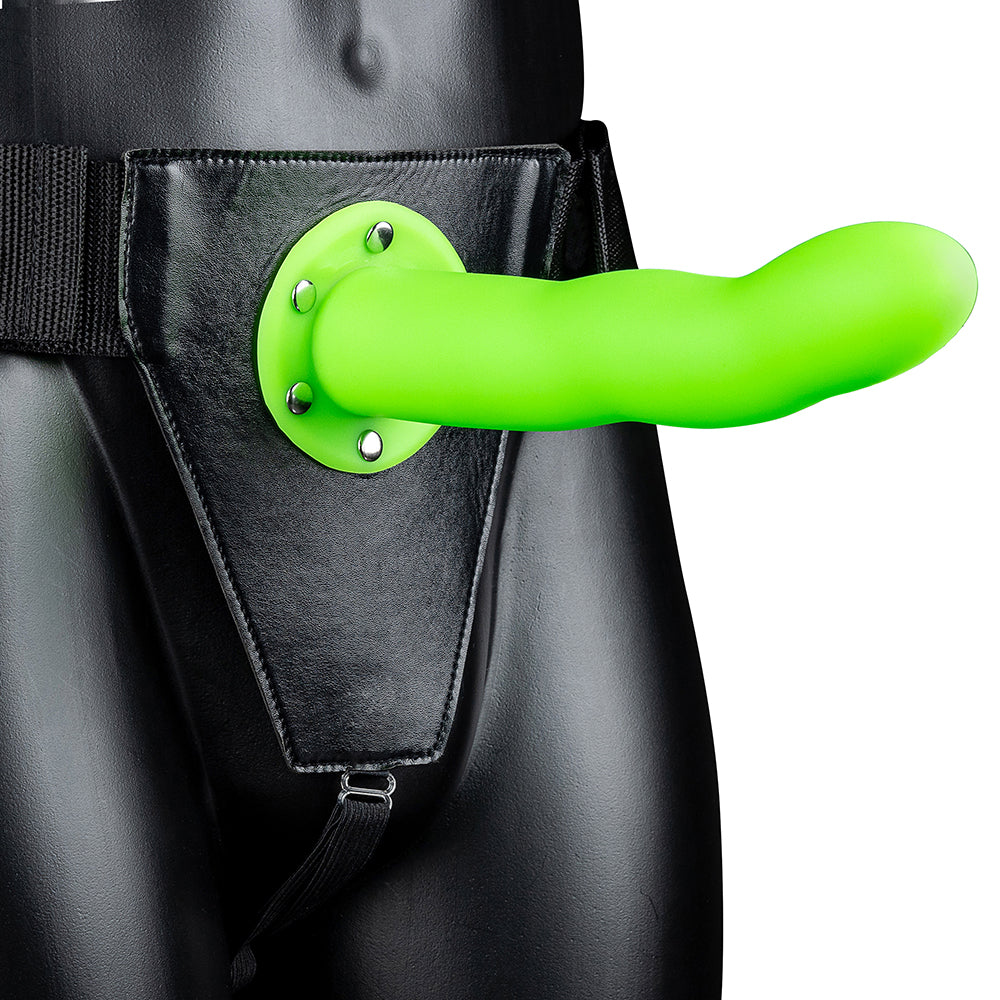 Ouch! Curved 8 Inch Hollow Strap-On in Glowing Green