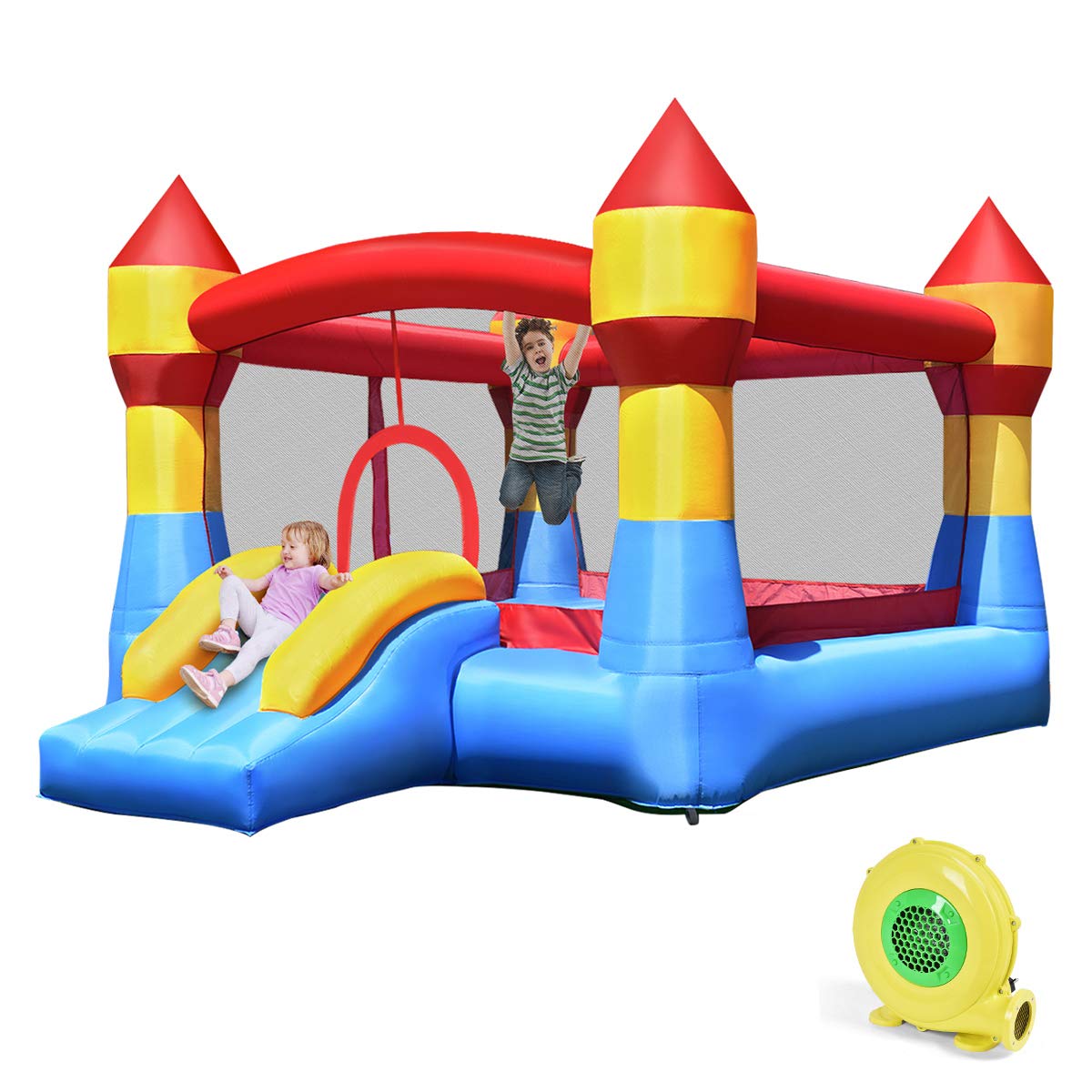 Costzon Inflatable Bounce House, Jumper Castle with Slide, Mesh Walls, Party Bouncy House