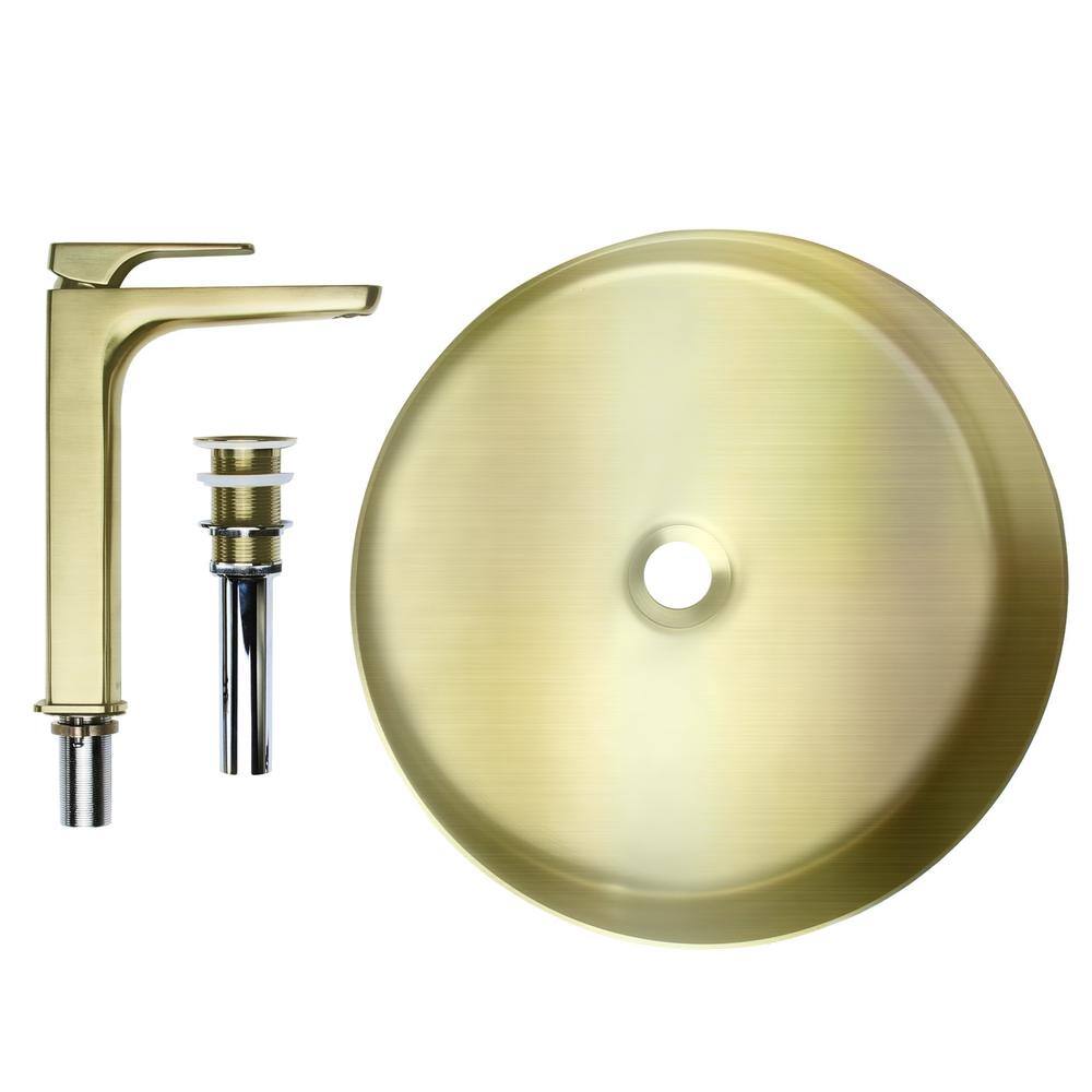 AKDY Gold Stainless Steel Round Bathroom Vessel Sink with High Arc Faucet BS001-3-3-4